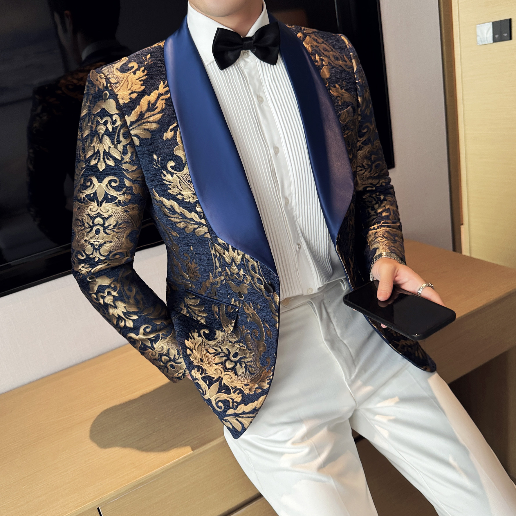 花色青果领刺绣演出礼服修身时尚主持人年会歌手风休闲西装男,男装西服套装,电商A199(原D219）