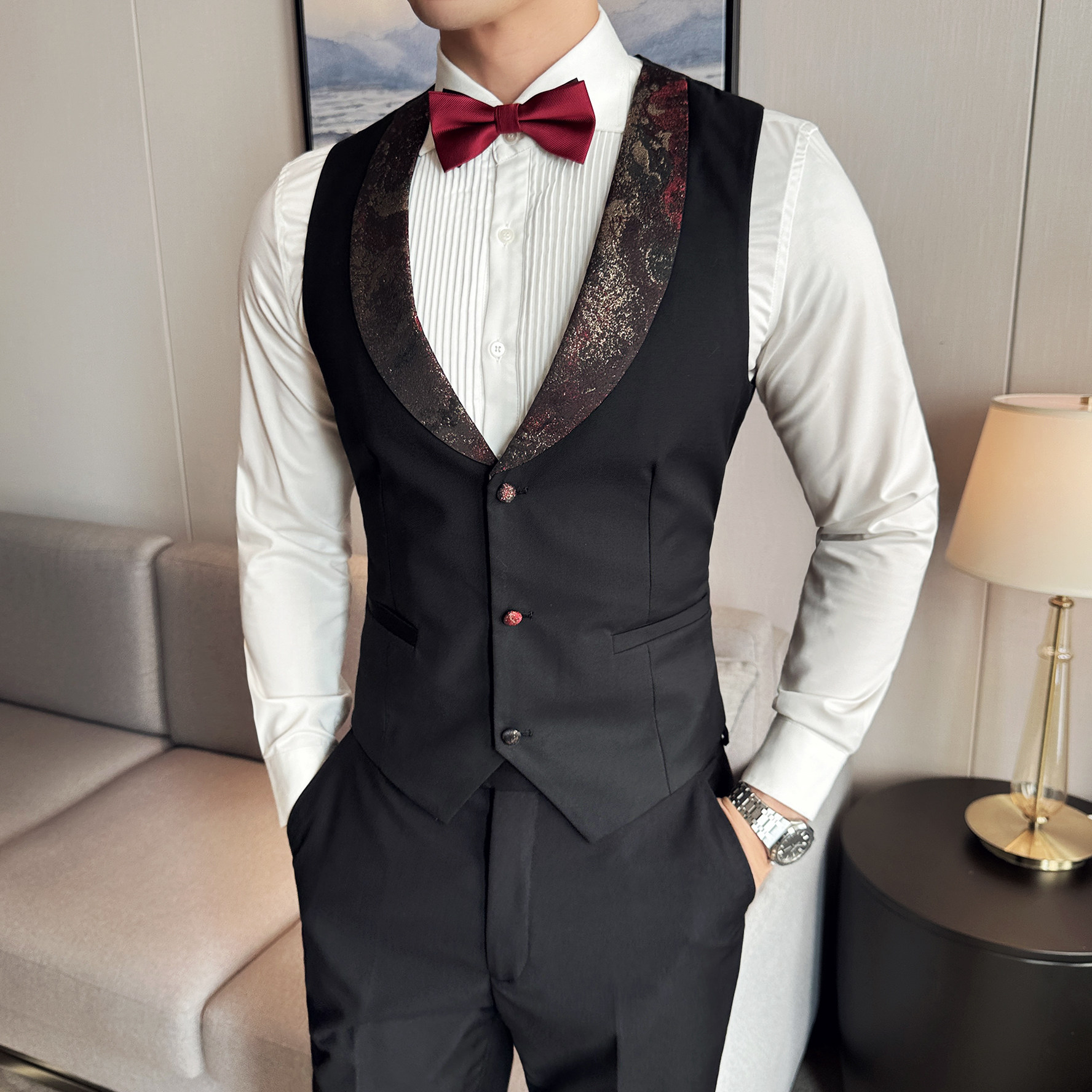 高端男士西装套装韩版潮牌时尚主持人礼服花纹西服两件套新郎服装,男装西服套装,电商A199(原D219）