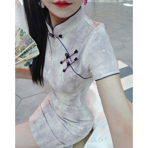 小个子掐腰紫色旗袍2026夏季新款
