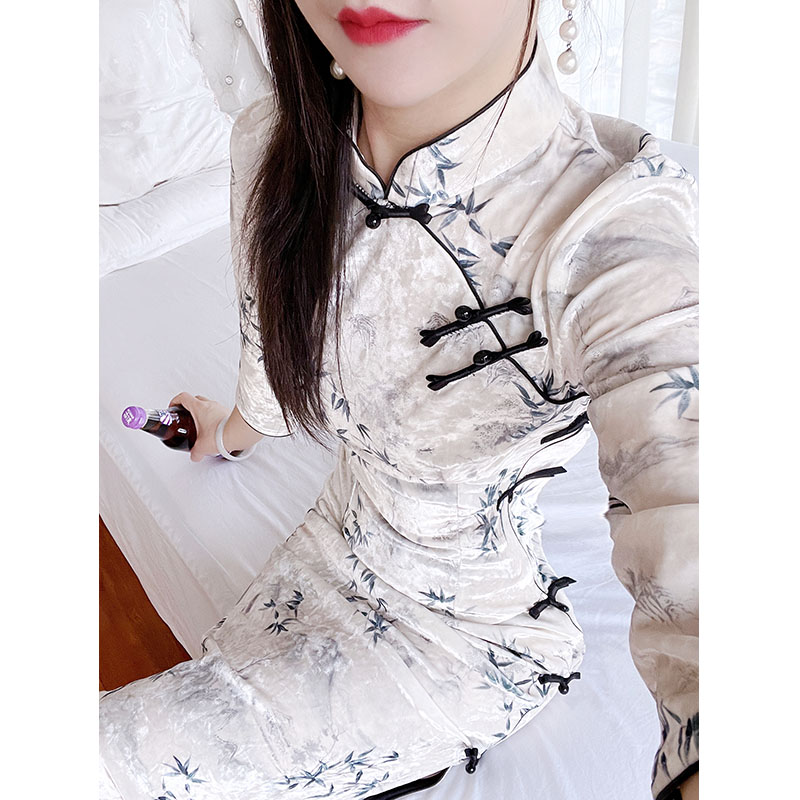 气质旗袍高端修身秋冬弹力遮肚子
