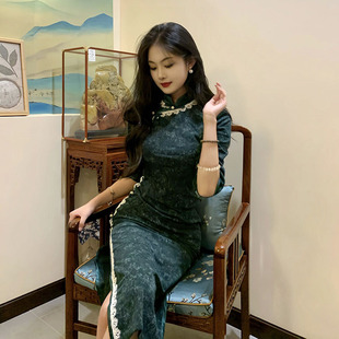 断码清货墨绿色旗袍女改良版中国风气质蕾丝连衣裙年轻款高端修身