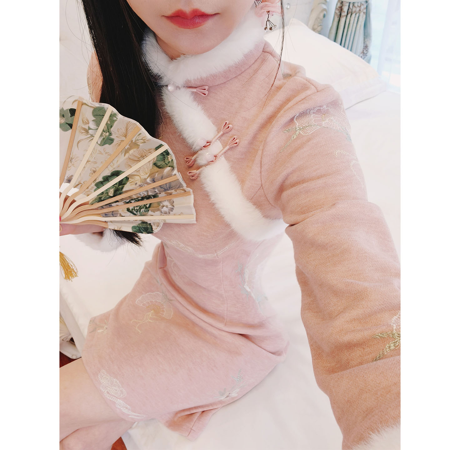 小个子旗袍短款粉色加绒年轻款女