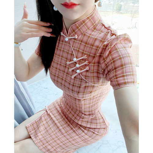 2025年新款小个子棉麻粉色旗袍夏
