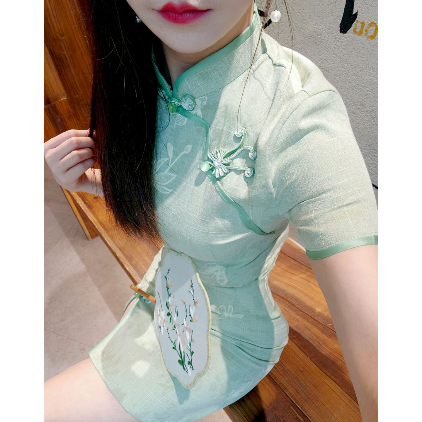 新中式改良旗袍女短袖浅绿色印花送考日常小个子短款年轻款连衣裙