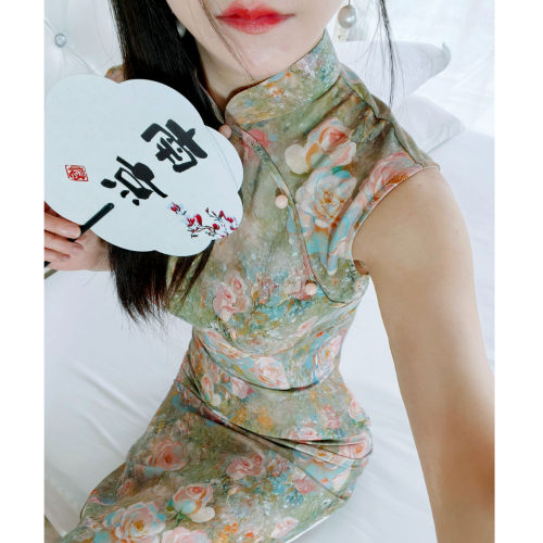 复古印花短袖旗袍连衣裙小个子