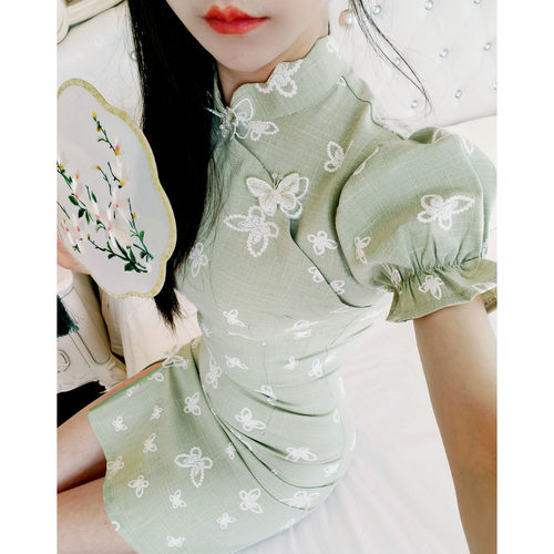 清新绿色旗袍夏年轻款小个子日常