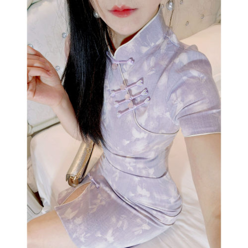 新中式紫色印花短袖修身旗袍短款