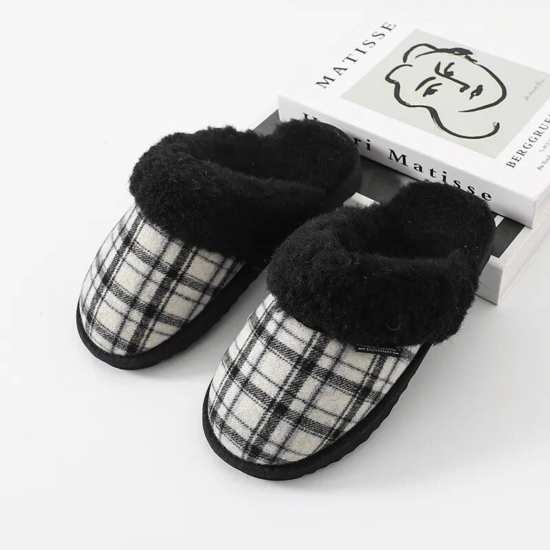 秋冬格纹加绒保暖情侣棉拖