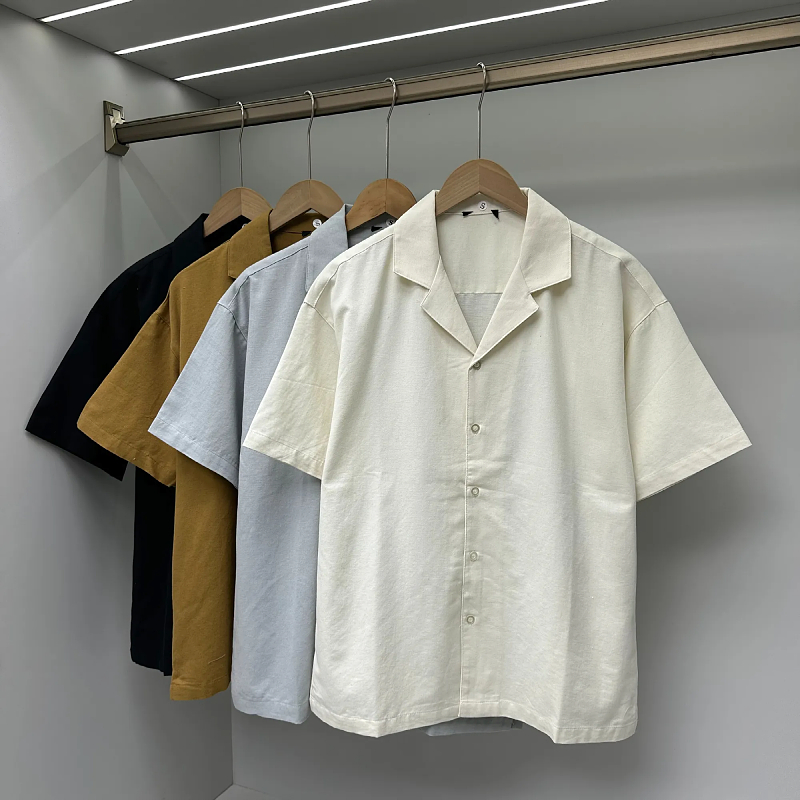 欧美单夏季男士宽松棉麻衬衫