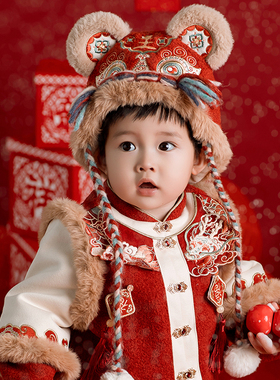宝宝新年虎头帽男童汉服搭配周岁礼服男宝龙头帽手工刺绣加厚帽子