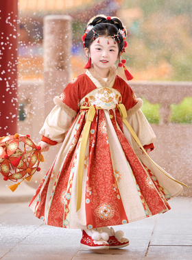 汉服女童2025冬款儿童国风仙气加绒连衣裙小女孩红色表演公主襦裙