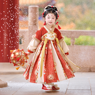 汉服女童2025冬款 儿童国风仙气加绒连衣裙小女孩红色表演公主襦裙