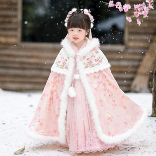 汉服女童2026秋冬款儿童古风加绒中长款连帽斗篷外套女孩保暖披肩