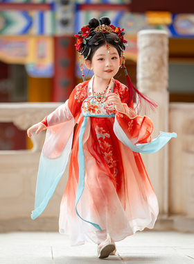 汉服女童2026春秋款儿童高端仙气古装表演服襦裙女孩红色古风襦裙