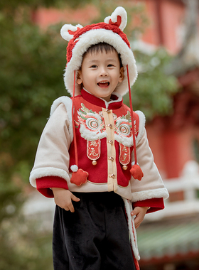 【男童汉服冬款断码清仓】古月家正品儿童拜年服男孩红色喜庆唐装