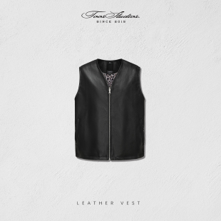 Toos.26SS 豹纹拼接V领拉链PU皮马甲背心