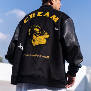 Toos.21AW 重磅美金毛巾植绒刺绣美式pu皮袖毛呢棒球服夹克外套