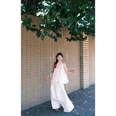 甜美高级感立体花瓣挂脖无袖背心衬衣气质高腰半身裙惊艳两件套女