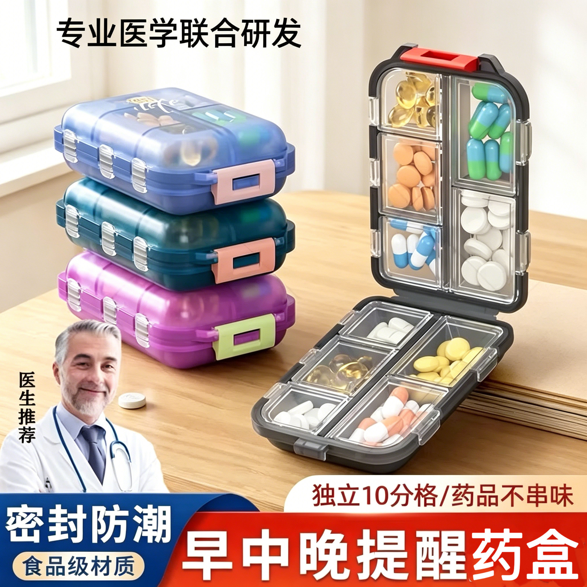 随身便携药盒 食品级10格分装 一周七天一日三餐 密封防潮小药盒