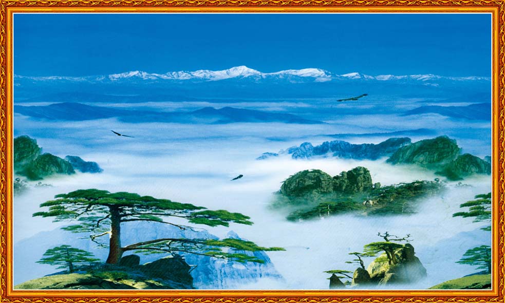 628居家海报展板喷绘素材贴纸图片989黄山迎客松山水风景画