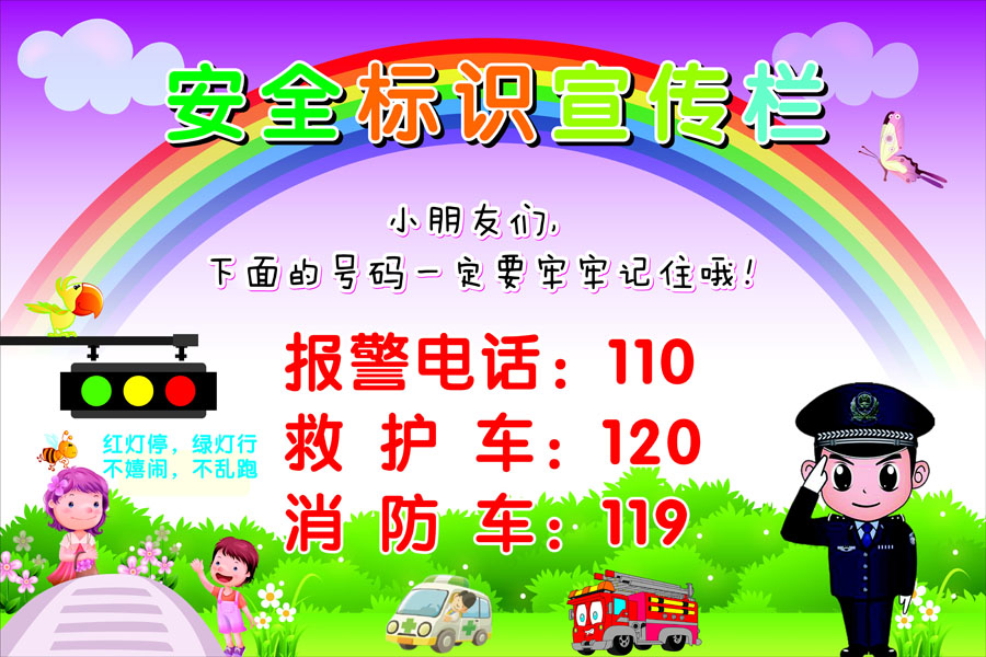 753画布海报展板喷绘素材贴纸135幼儿园安全标识紧急报警电话