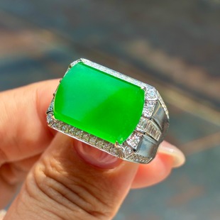 缘见翡翠珠宝 天然缅甸A货翡翠高冰阳绿马鞍戒男戒指18k金钻石