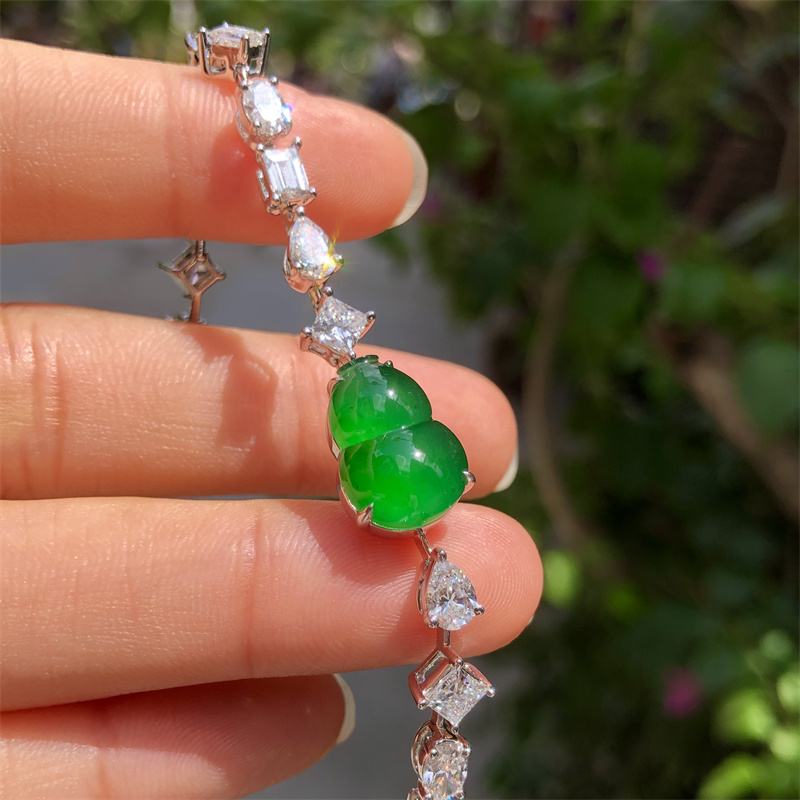 缅甸天然A货帝王绿葫芦手链饱满18k金镶嵌女时尚简约缘见翡翠