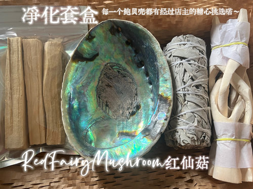 红仙菇R•F•M鼠尾草净化套盒 天然植物熏香芳疗鲍鱼贝壳圣木支架