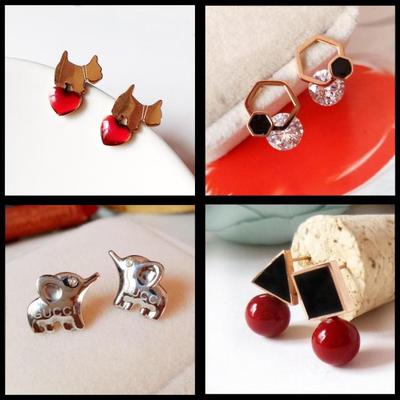 钛钢本命年小象六边形裸钻耳钉