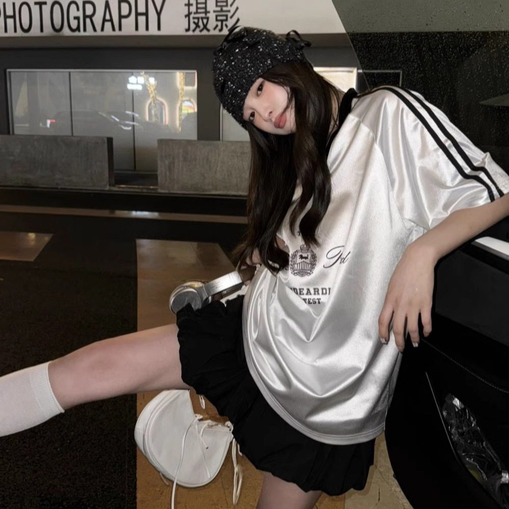 潮牌美式亮面机车运动风宽松T恤短袖男女夏季印花v领球衣上衣篮球