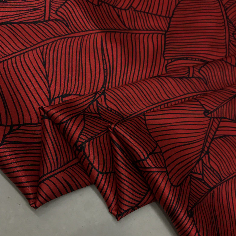 19姆米真丝缎布料暗红底芭蕉叶图桑蚕丝弹力丝绸衬衣裙子服装面料