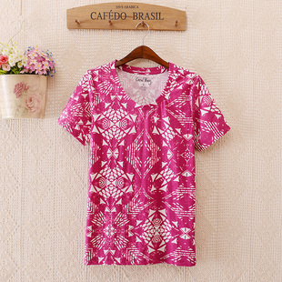 新款妈妈装特大码加大码老太衫印花衫T恤女圆领