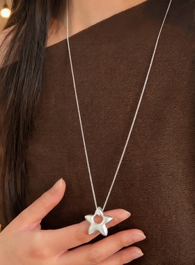 韩版S925银磨砂五角星项链