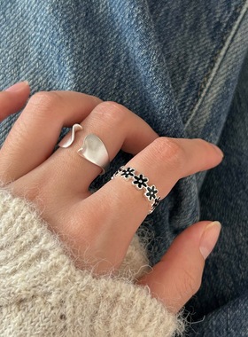 S925纯银花朵磨砂戒指韩版小众