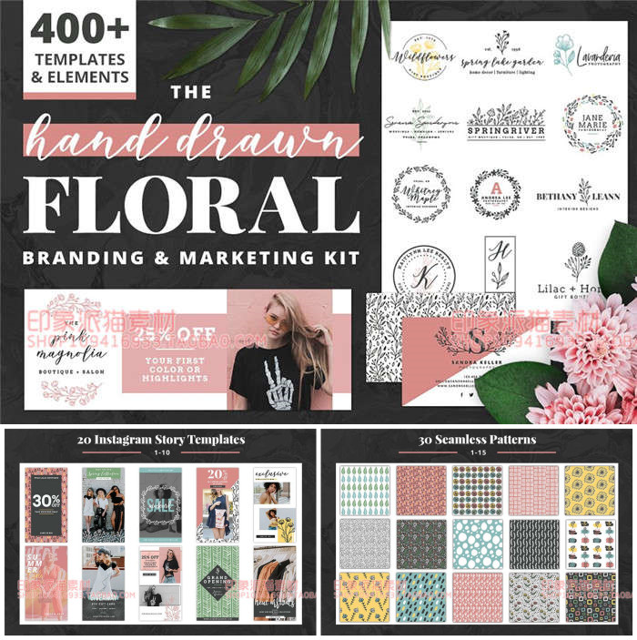 Hand Drawn Floral Branding手绘花朵纹样logo社交网页名片模板