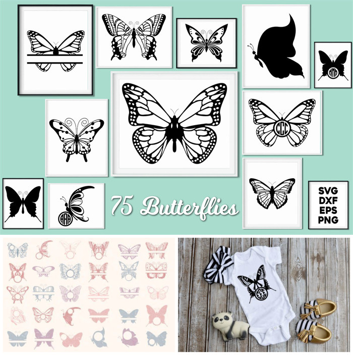 A0797矢量AI设计素材  手绘蝴蝶造型插画线稿剪影图案+svg+png