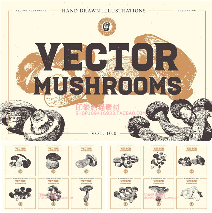 A0692矢量AI设计素材 复古蘑菇线稿插画含PNG+psd+svg