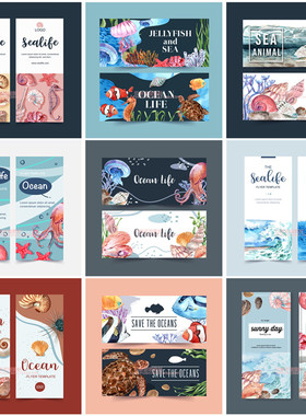 A0889矢量AI设计素材 水彩海洋生物banner小丑鱼热带海龟海螺海浪