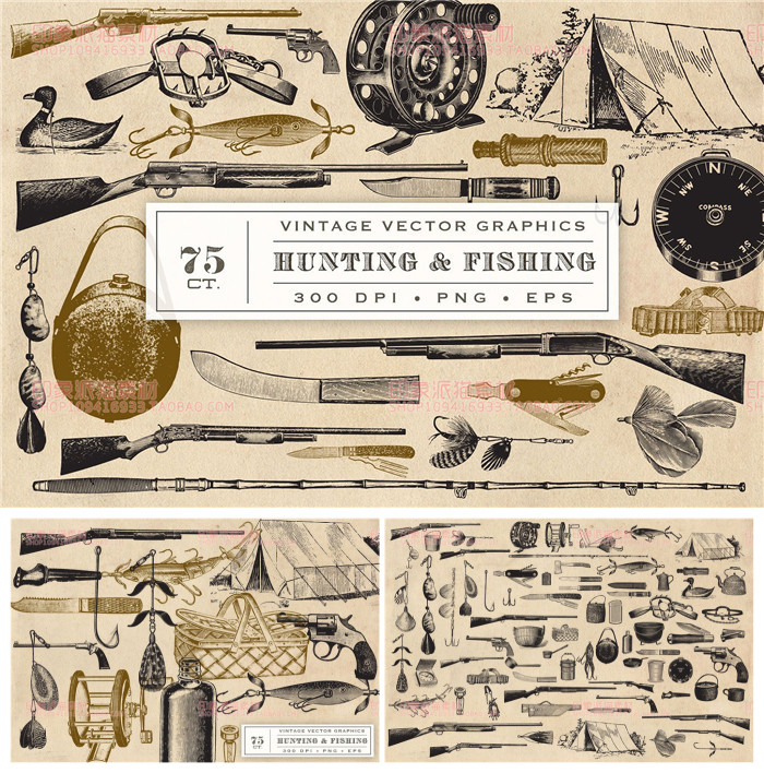 A0685矢量AI设计素材 复古打猎露营钓鱼户外主题线稿插画含PNG