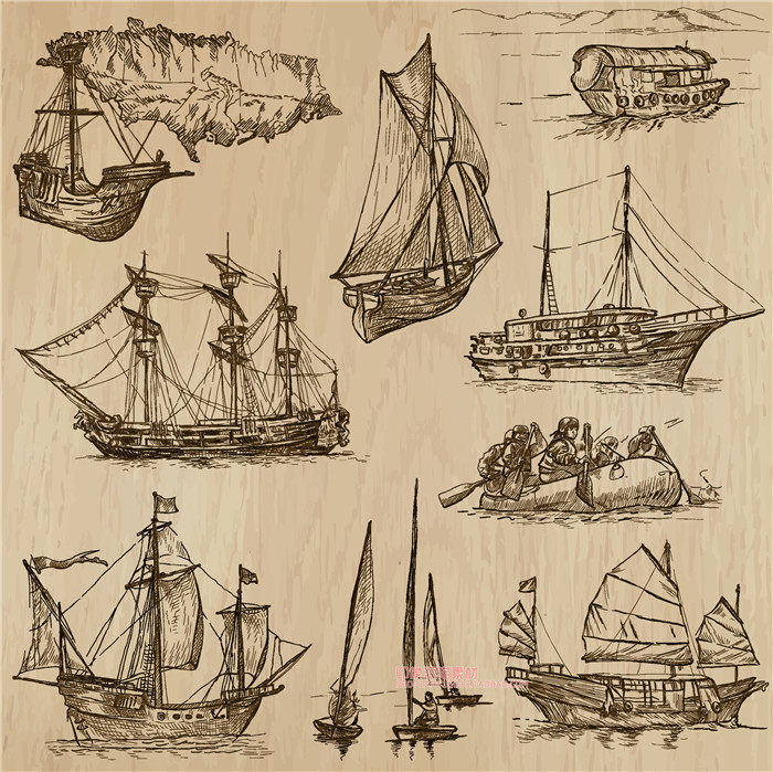 a0928矢量ai设计素材  古老复古船只帆船线稿手绘素描插图