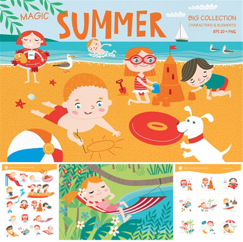 A0336矢量AI设计素材 卡通夏天沙滩游乐园玩耍T恤印花插画含PNG