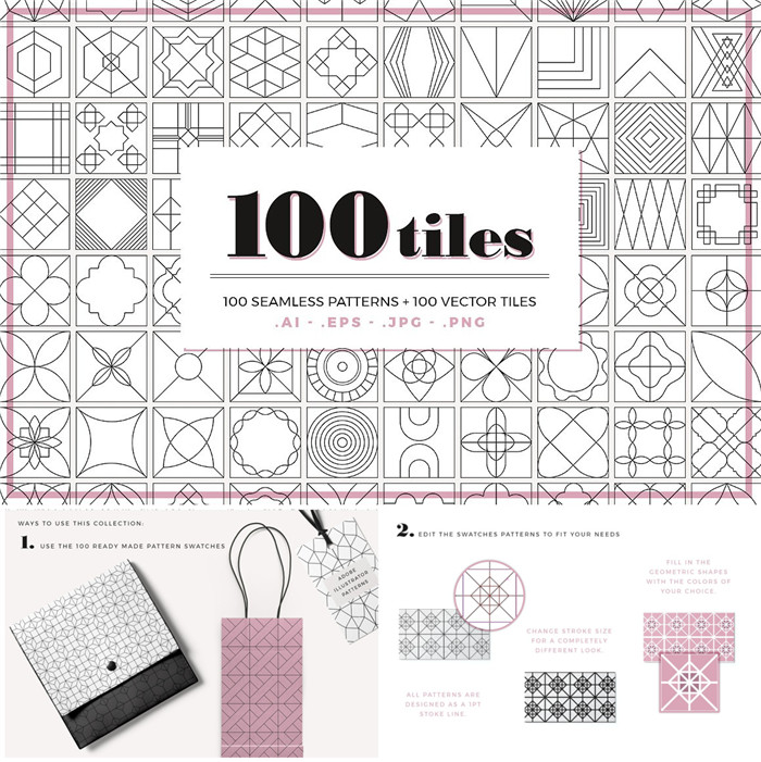 A0396矢量AI设计素材 100个瓷砖风格几何线条拼贴纹样印花包装图