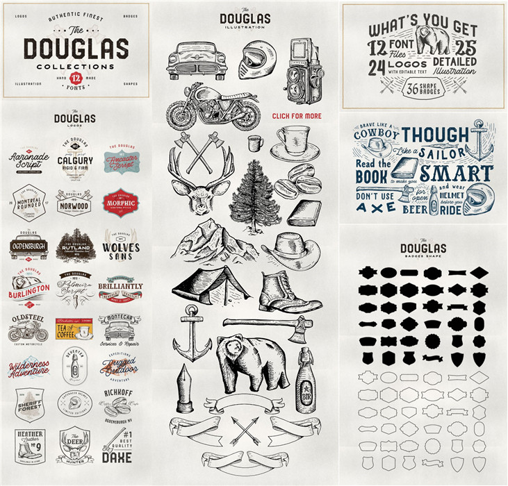 A0303矢量AI设计素材 欧美复古标签logo徽章纹样文字英文字体font