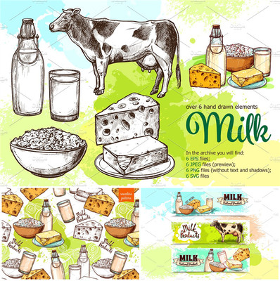 A0379矢量AI设计素材 手绘牛奶奶牛奶酪插画banner插画+PNG+SVG