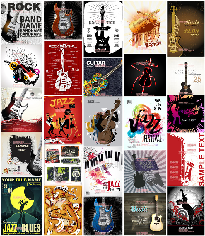 A0372矢量AI设计素材 25张音乐摇滚吉他贝司演唱会音符爵士插画