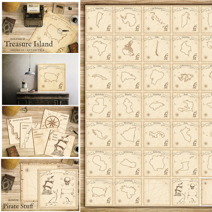 A0393矢量AI设计素材 复古羊皮纸风格海盗地图南极美洲国家含PNG