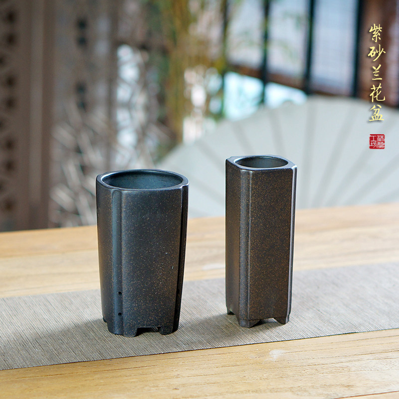 小号兰花花盆宜兴紫砂花盆精品桌面中式透气疏水好养古铜泥签筒盆