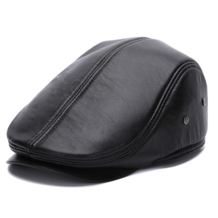 秋冬季真皮帽子男士羊皮贝雷帽中老年鸭舌前进保暖护耳工人帽冬天