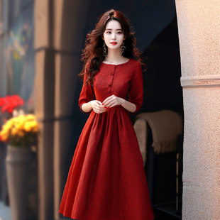 2024春款女装港风气质名媛小香风高级感红色高腰大摆五分袖连衣裙