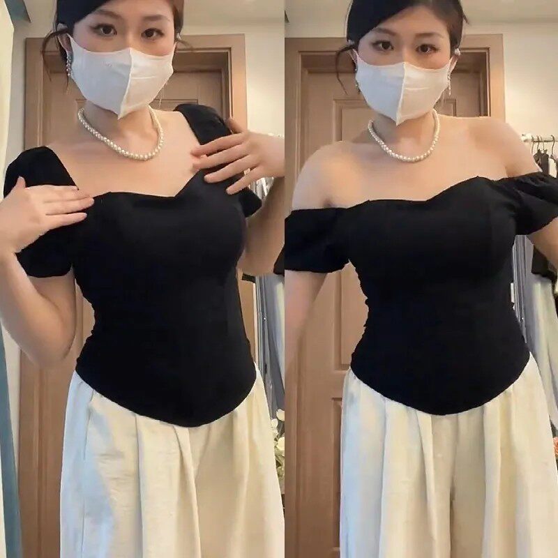 2026夏季方领性感辣妹掐腰设计感黑色T恤大码女小众短款短袖上衣